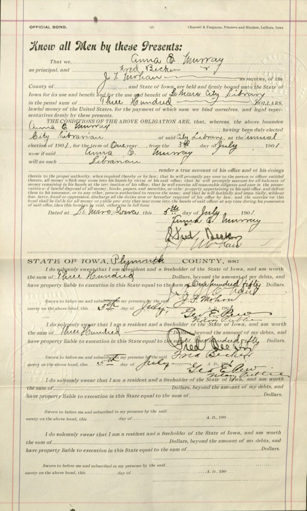 1901, Jul. 5, Anna Murray Official Bond 2 Carnegie Libraries in Iowa
