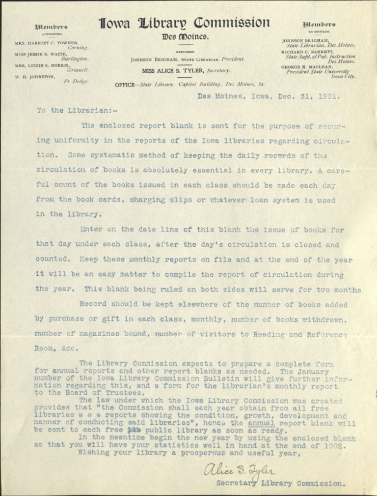 1901, Dec. 31, Iowa Library Commission & Alice Tyler Letter to LeMars