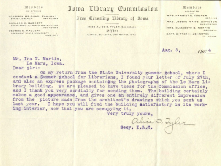 1904, Aug. 5, Alice Tyler Photo Response Letter Carnegie Libraries in