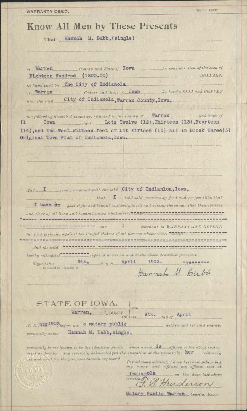 1903, Apr. 9, Hannah Babb Warranty Deed – Carnegie Libraries in Iowa ...