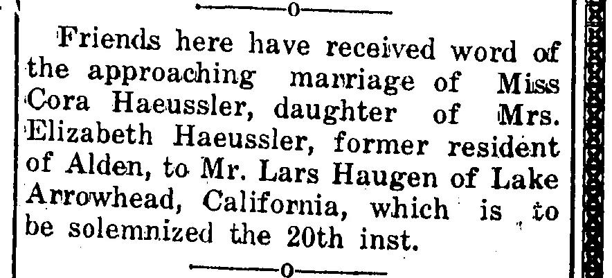 1933, Sep 7, Alden Cora Haeussler Marriage Announcement